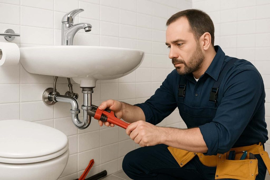 Plumber Fixing Bathroom Sink Drain